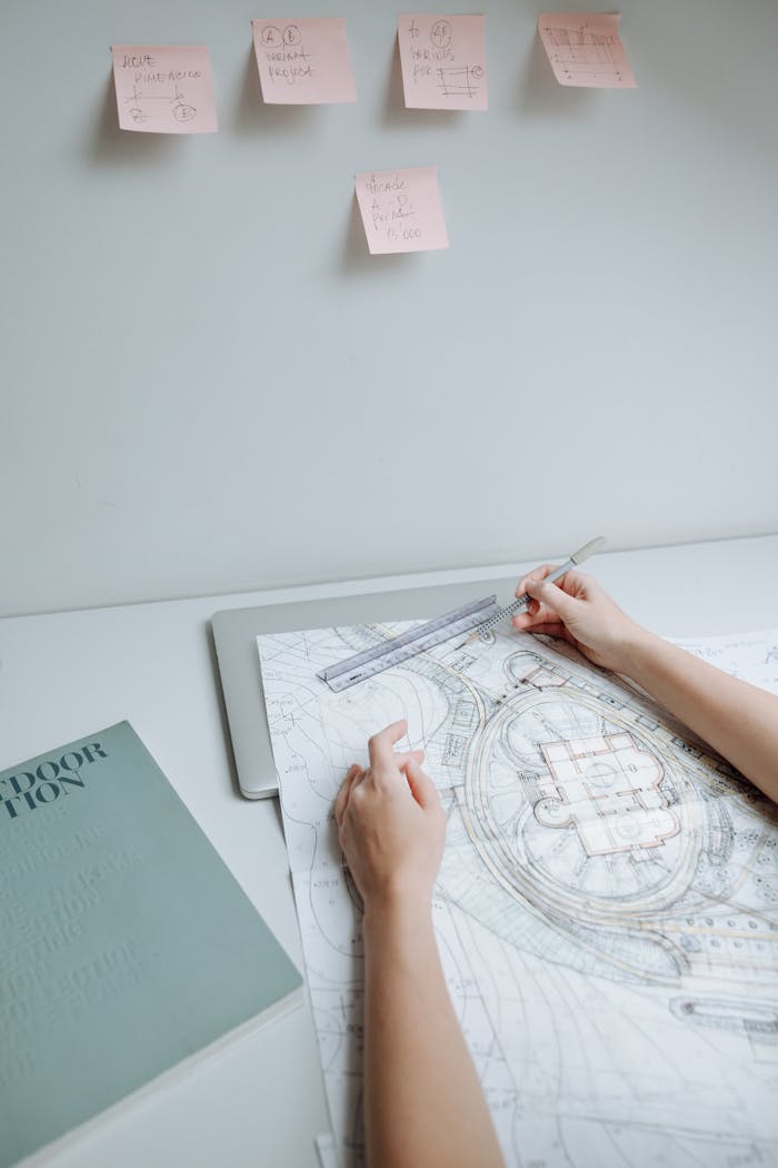 Hands drawing architectural plans with drafting tools on desk.